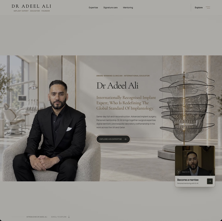 The new ivory Dr Adeel Ali website with his portrait and treatment illustration
