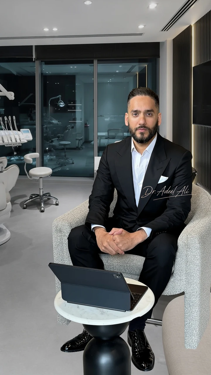 Dr Adeel Ali’s new portrait in a tailored dark suit and white shirt, seated in his clinic