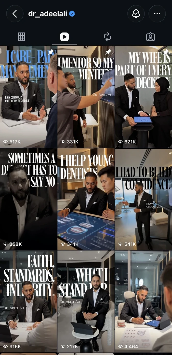 The new Dr Adeel Ali reel covers, with visible view counts including 517K, 331K and 621K