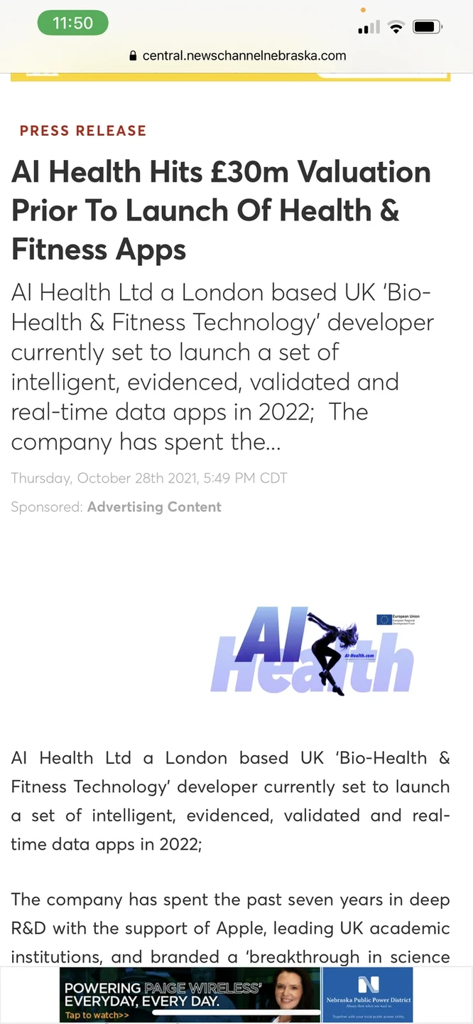 2021 sponsored press release reporting an AI Health valuation before launch