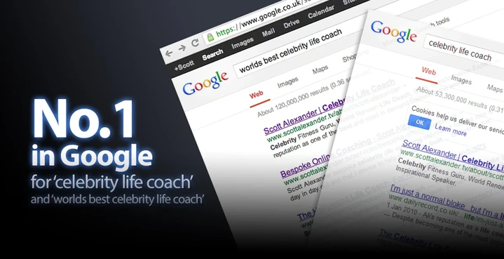 Historical Google search results showing Scott Alexander ranked first for celebrity life coach searches