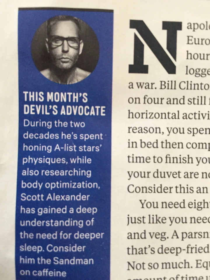 Men’s Health feature introducing Scott Alexander as this month’s devil’s advocate, upright in portrait format
