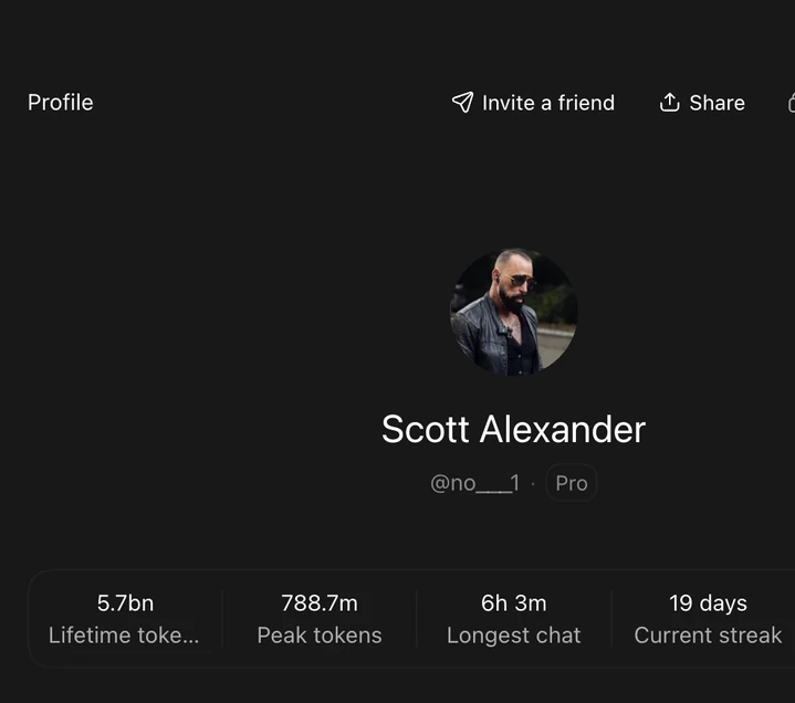 Scott Alexander’s usage profile showing 5.7 billion lifetime tokens and 788.7 million peak tokens